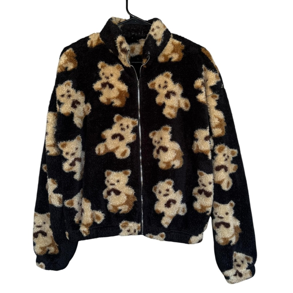 Teddy Bear Jacket Juniors Small Black Fuzzy Fleece Full Zip Animal Print